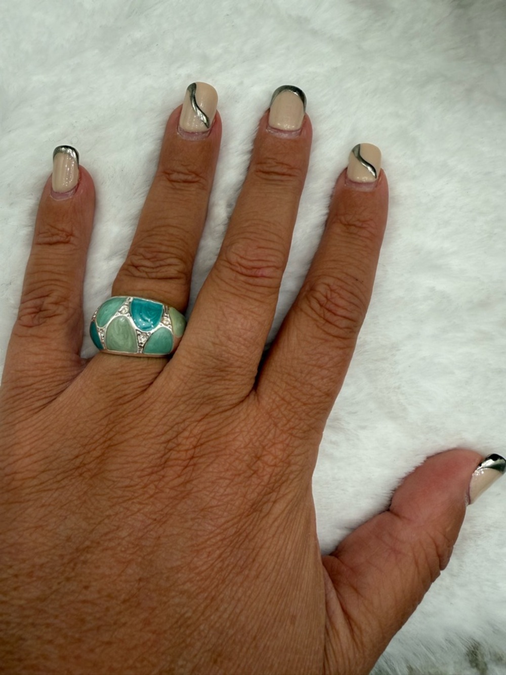 Avon Turquoise Enamel Statement Ring Silver Tone Size 6 Mosaic Wide Band
